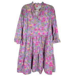 XL Purple Floral Cheetah Print Tiered Knee Length Dress Boho Artsy Tiny Tassel